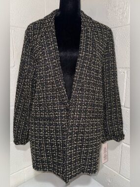 Nanette Lepore Very Black Gold Metallic Tweed Open Front Blazer - Size XL
